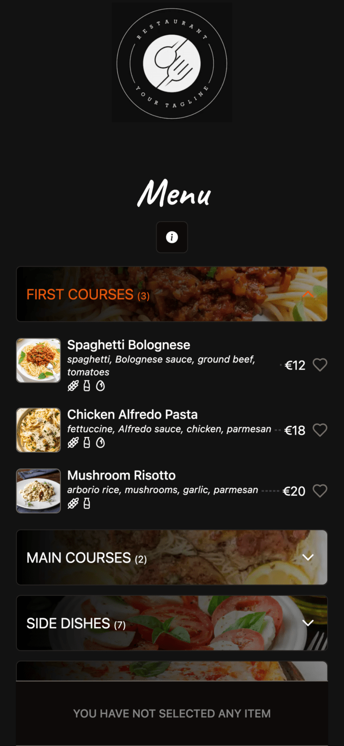 Esempio di menu QR code su uno smartphone