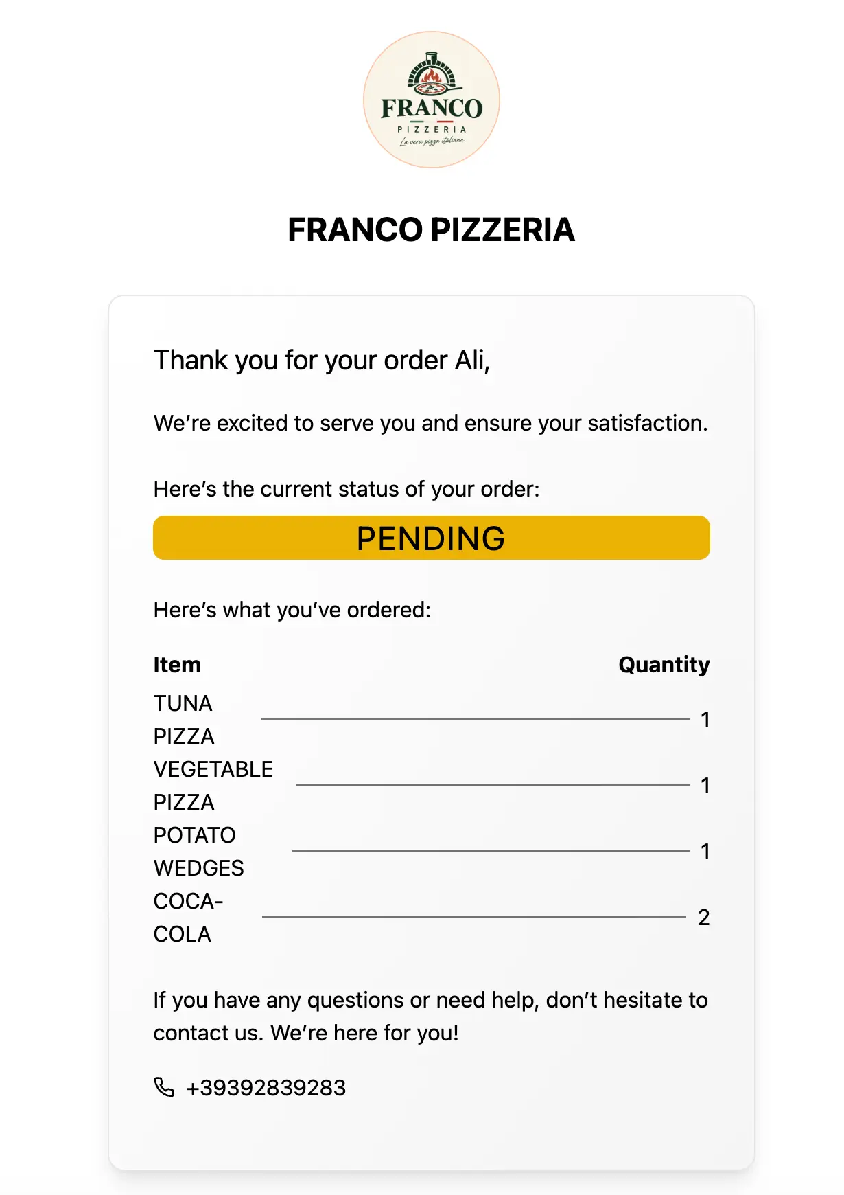 Customer order status page showing the live status and ordered items