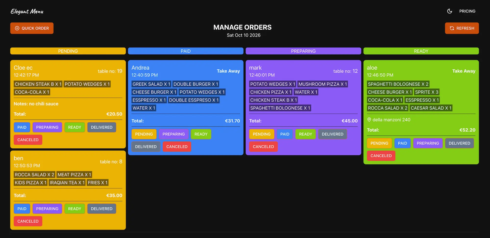 Elegant Menu order management board with orders grouped by status